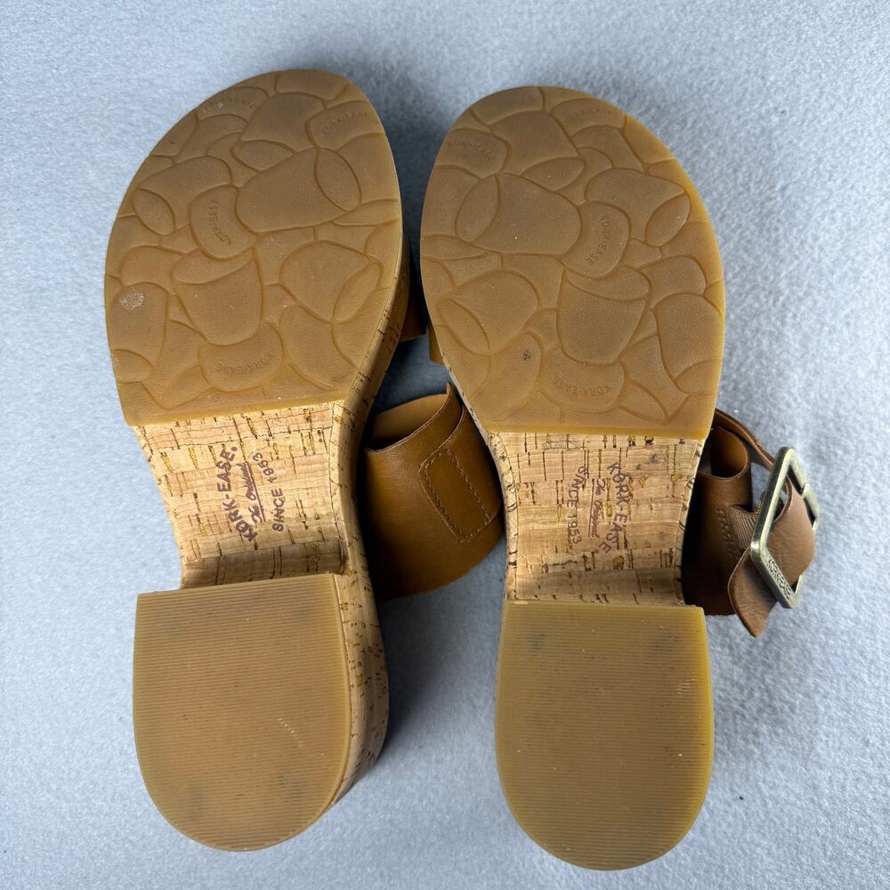 Kork Ease tan leather platform slip ons - sandals heels cork sole buckle size 9M - Picture 7 of 9